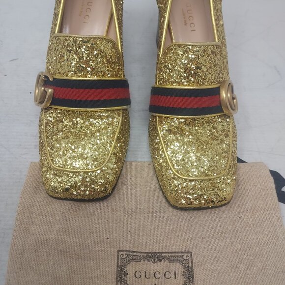 GUCCI GOLD SEQUIN GG PEYTON WEB HEEL SHOE - Picture 8 of 11